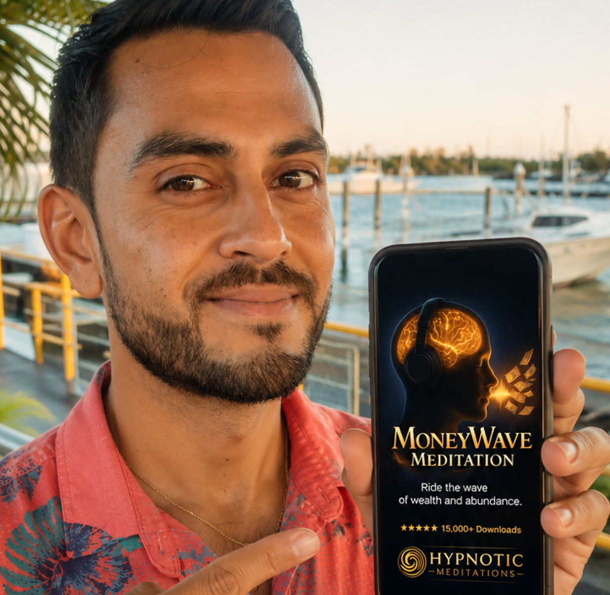 MoneyWave audio player on phone — quiet money stress in 7 minutes